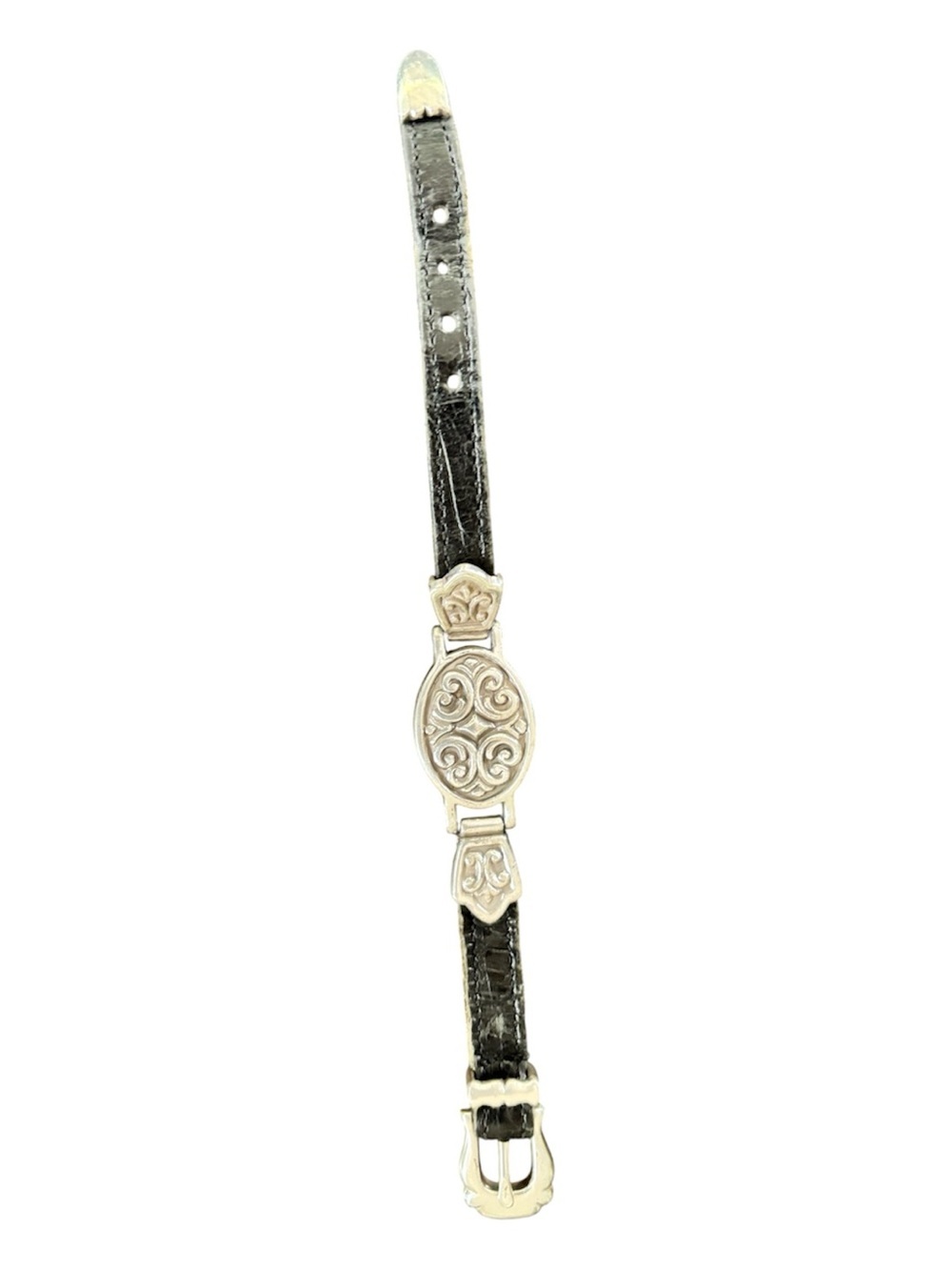 Vintage Brighton ornate bracelet, leather strap, silver plate. Issued 1994